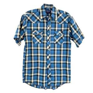 90s Wrangler Pearl Snap Shirt Men's XL Blue Plaid X Long Tails Western Landman